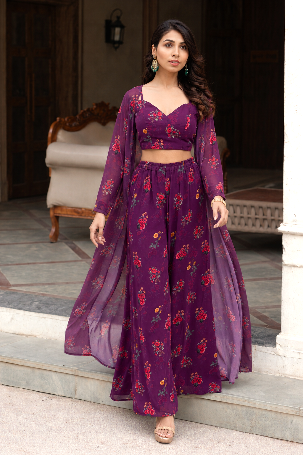 Purple printed top with cape and palazzo set
