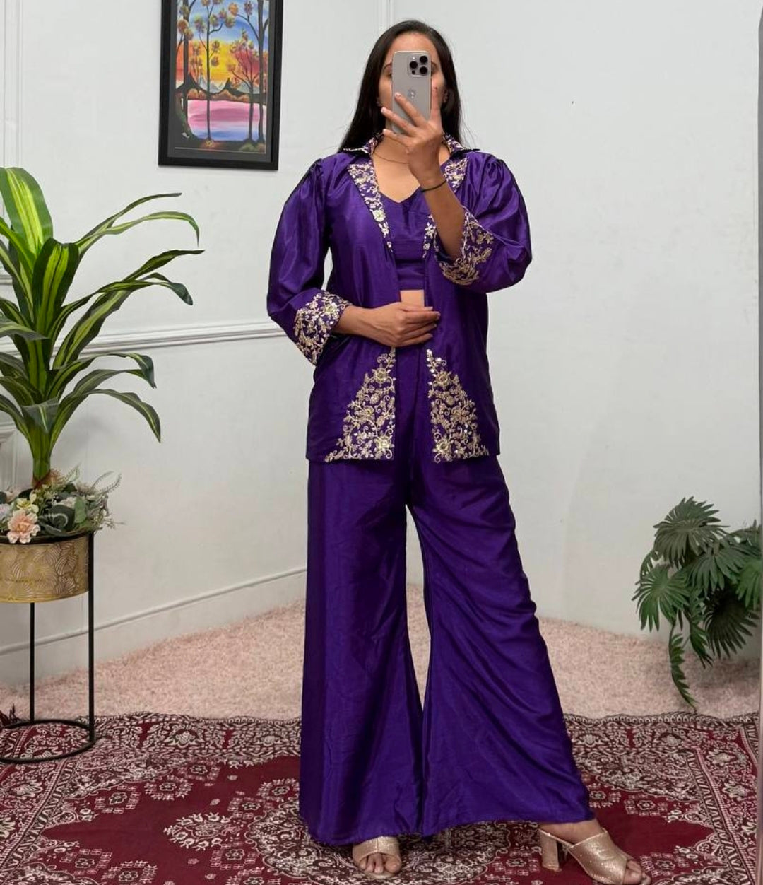 Purple indo western crop top with sharara and jacket set