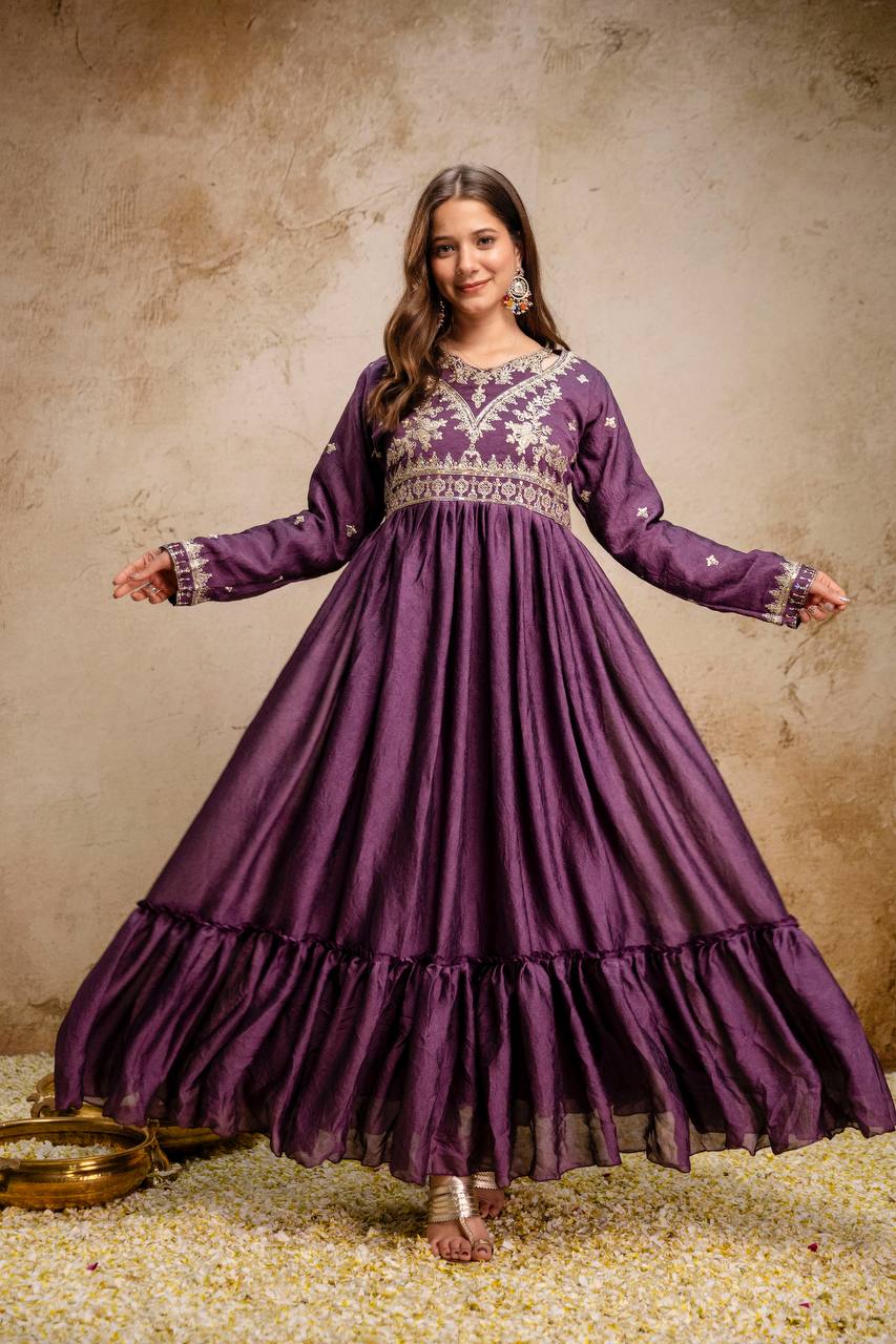Purple silk anarkali suit with dupatta