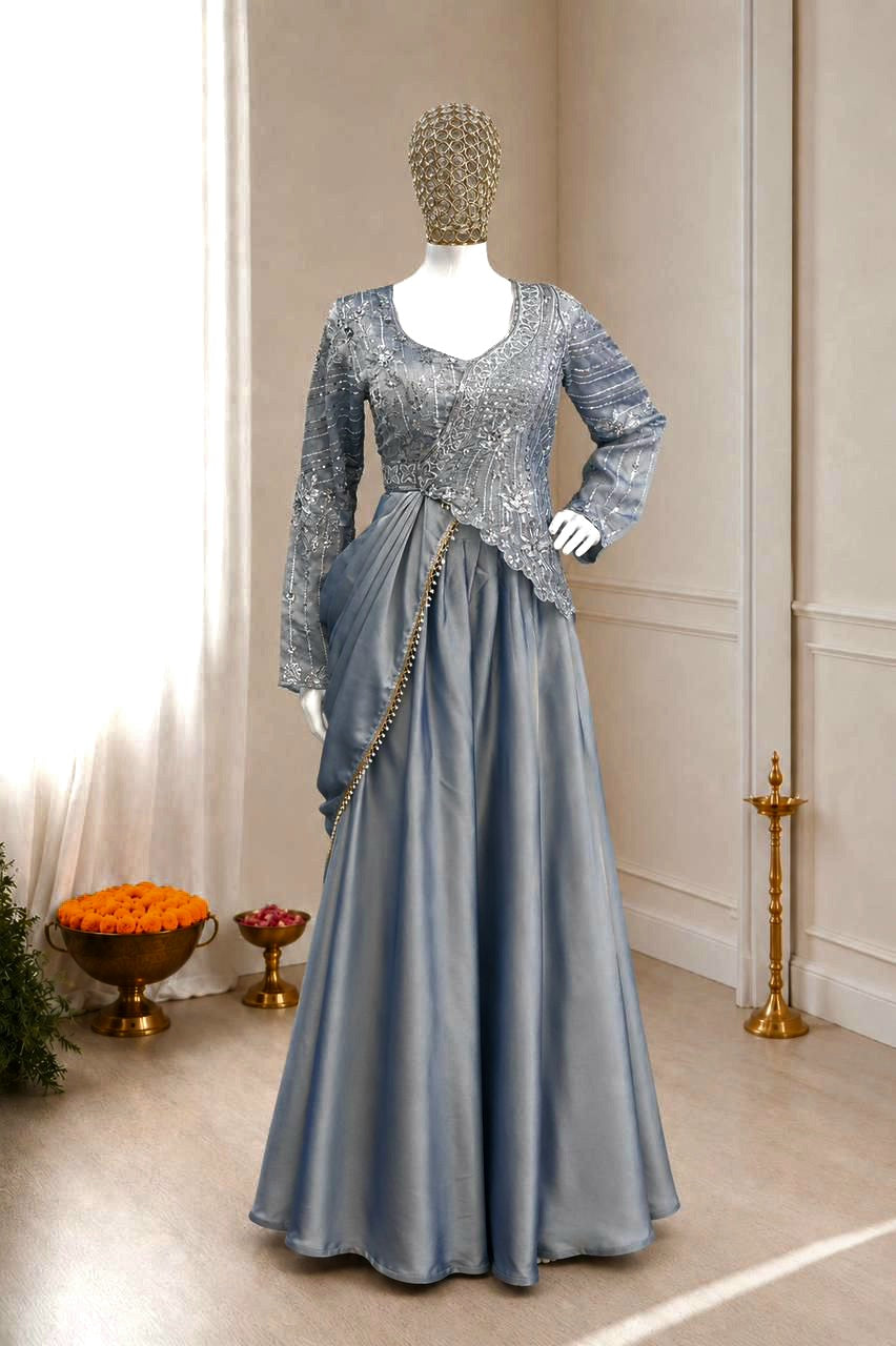 Grey silver ready to wear top with cape and lehenga set