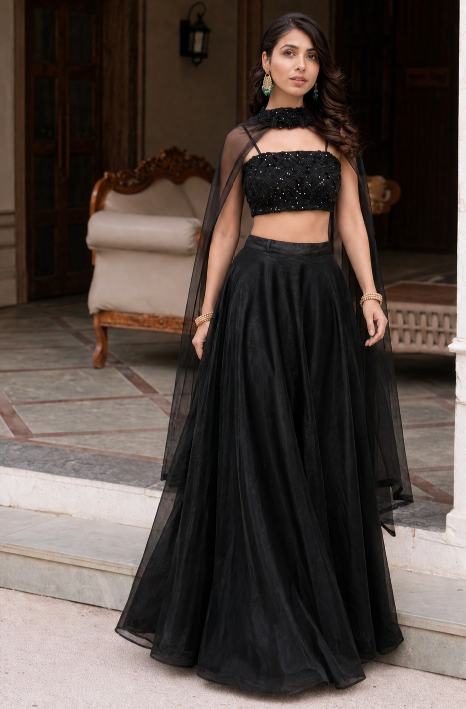 Black skirt with top and cape dupatta set