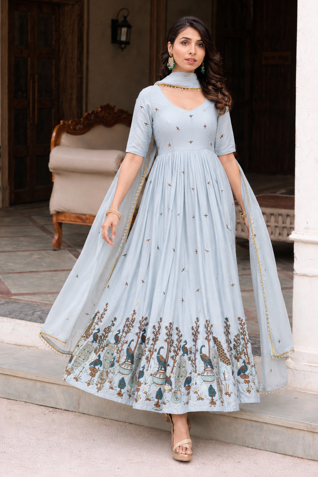 Blue wildlife printed anarkali suit with dupatta