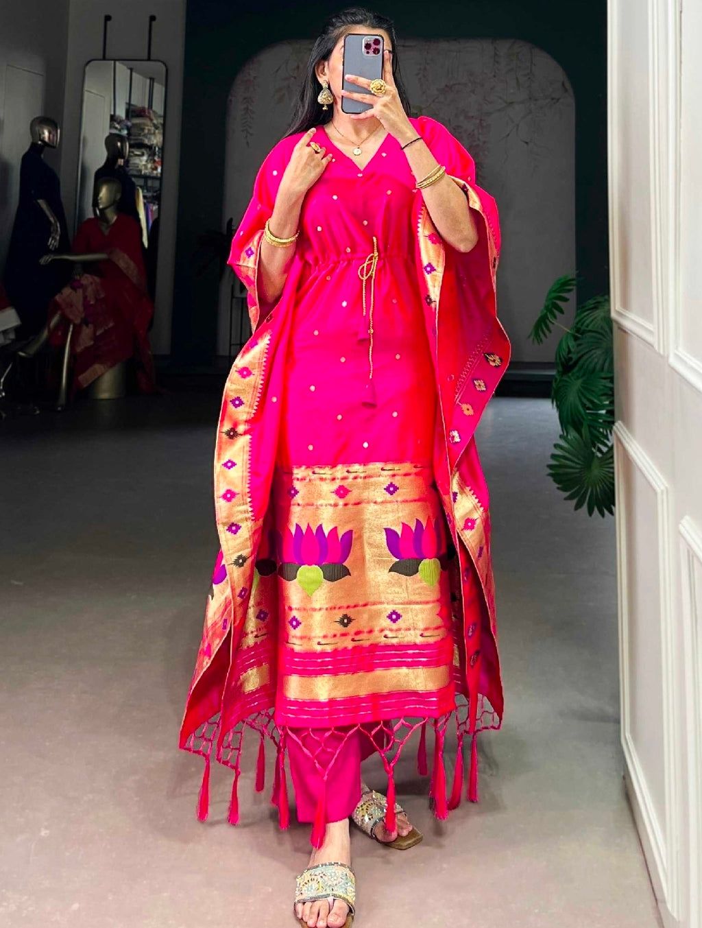 White pathaini silk kaftan with leggings