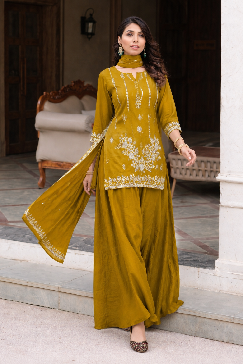Yellow kurti with palazzo and dupatta set