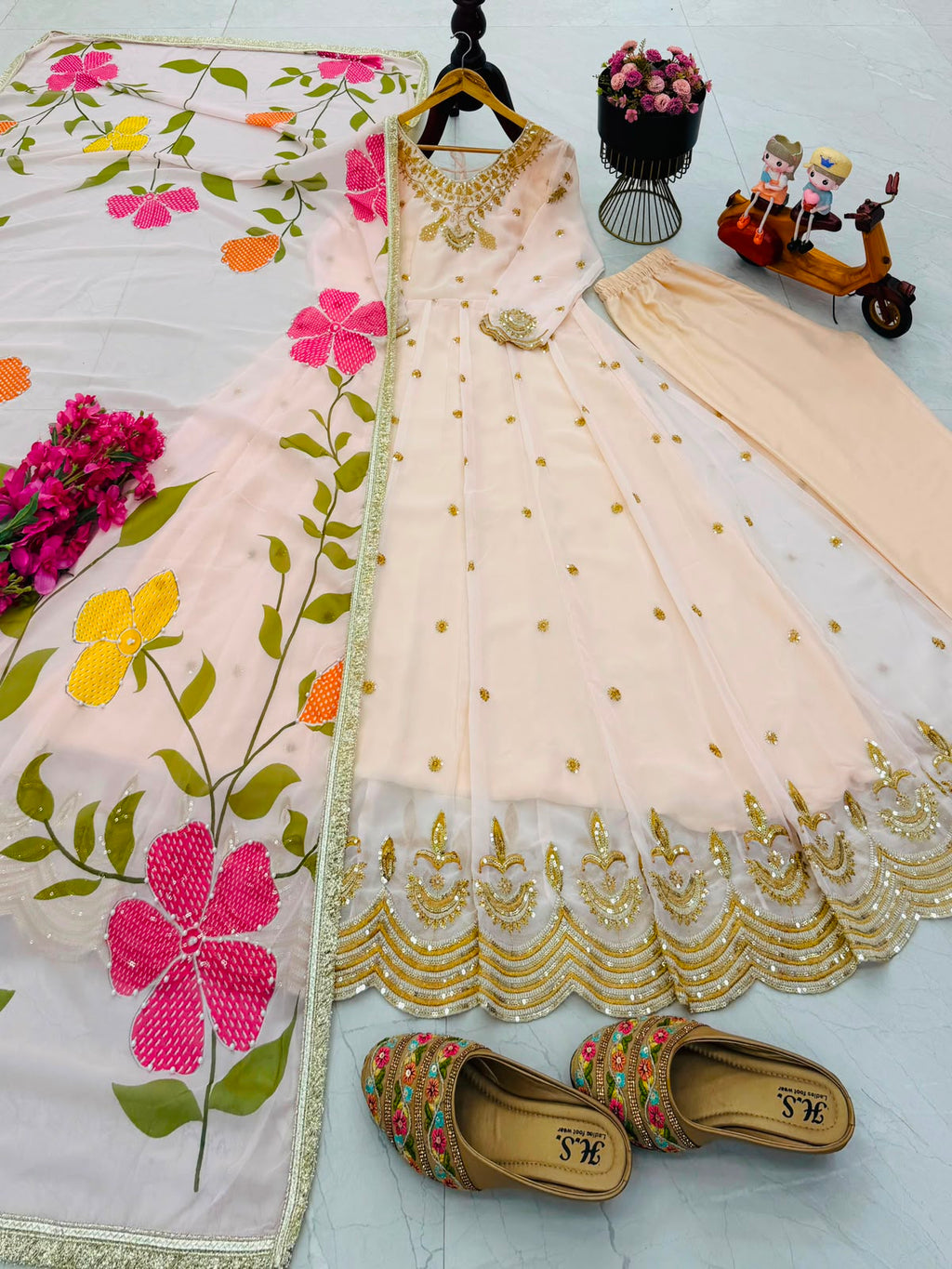 Peachy Pink flaired anarkali suit with pent and dupatta set