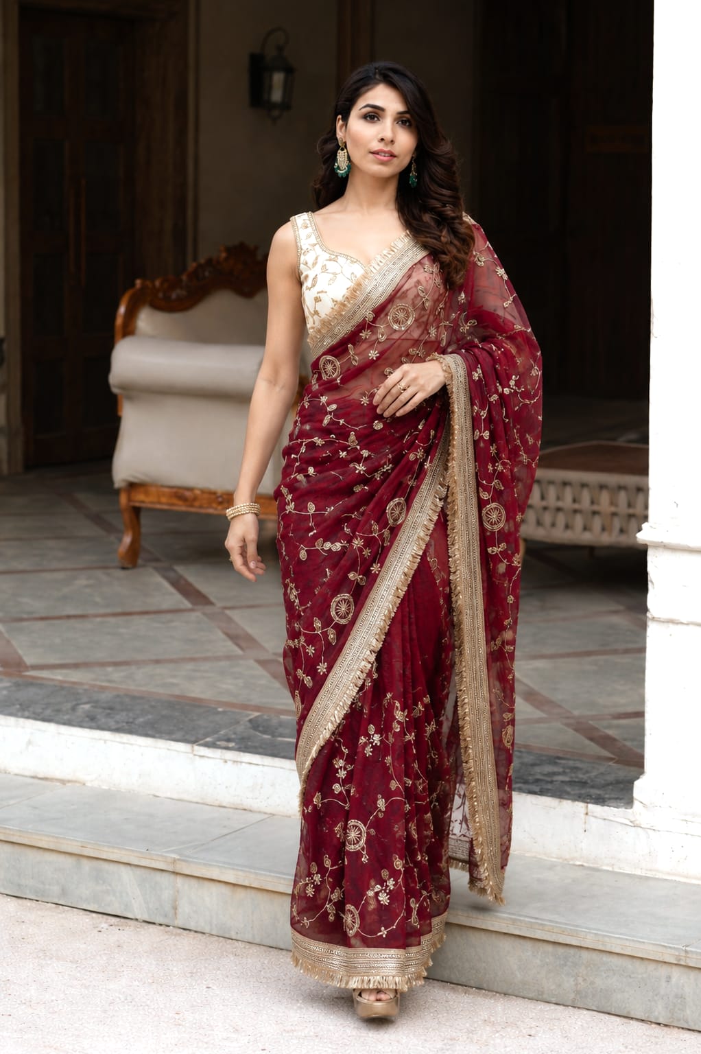 Maroon indian saree with blouse