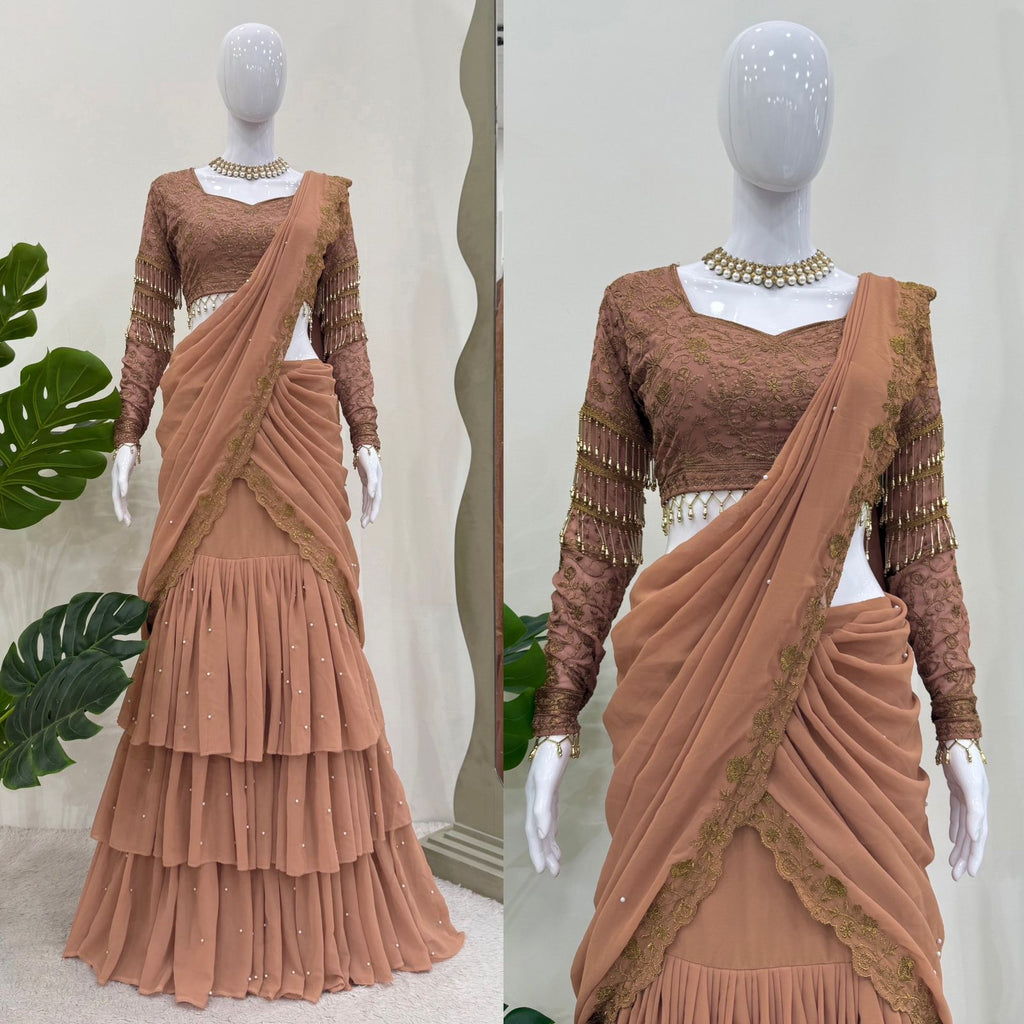 Brown lehenga saree with blouse