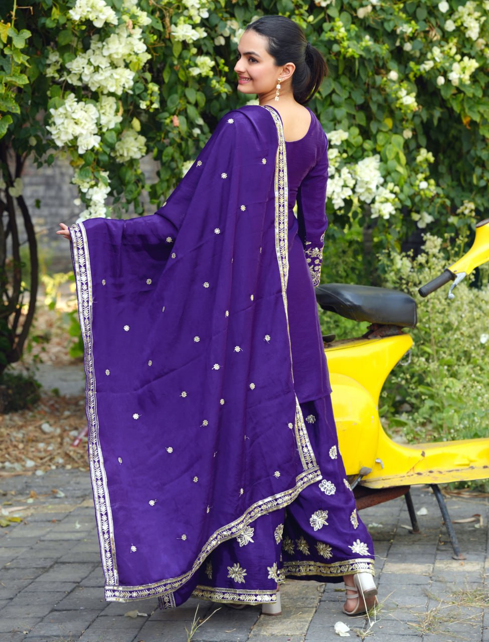 Purple kurti with flaired palazzo and dupatta set