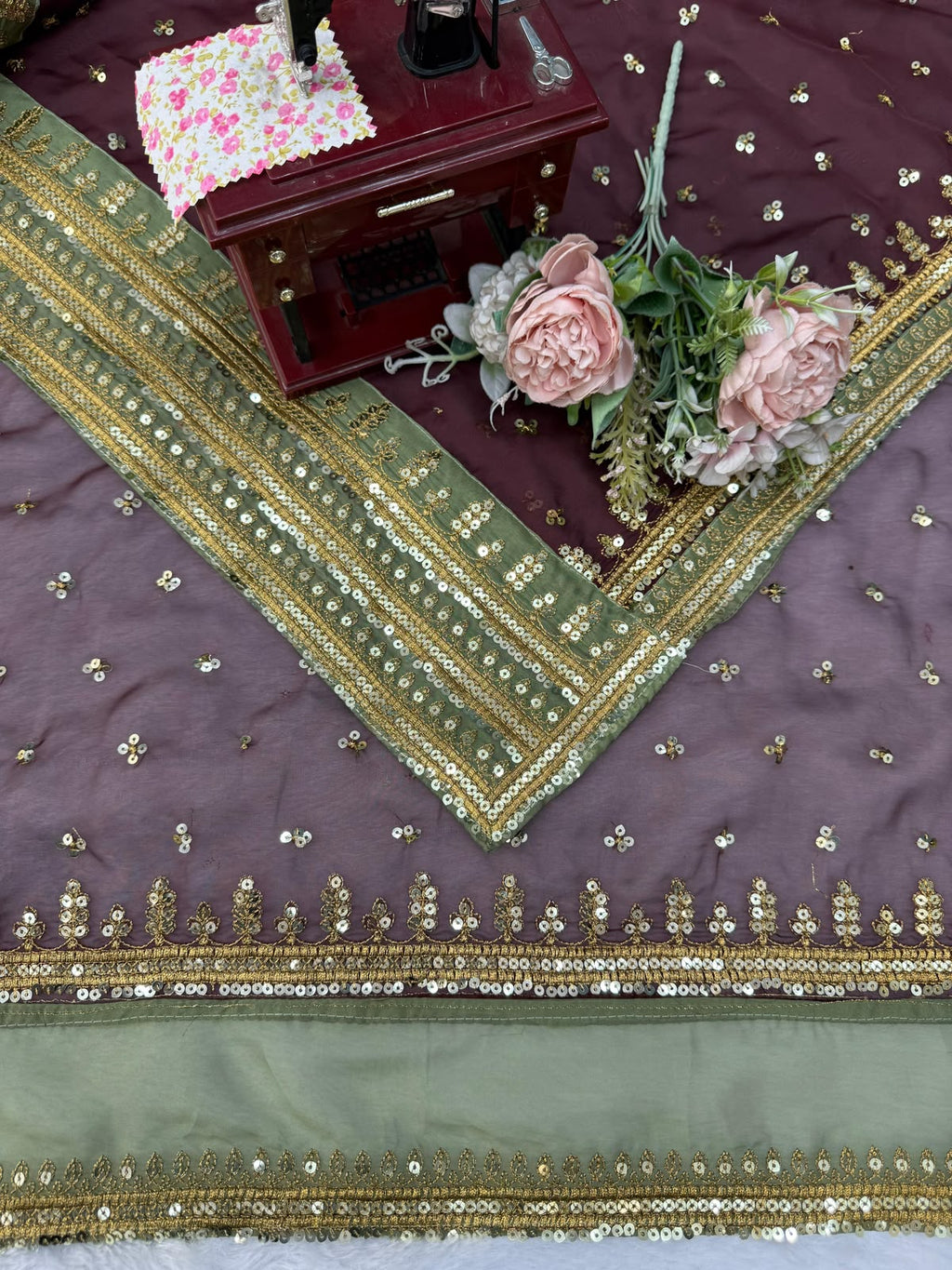 Maroon silk saree with high neck blouse