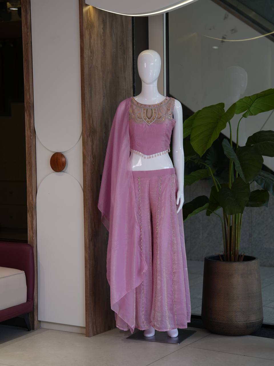 Pink indo western corset top with flaired palazzo
