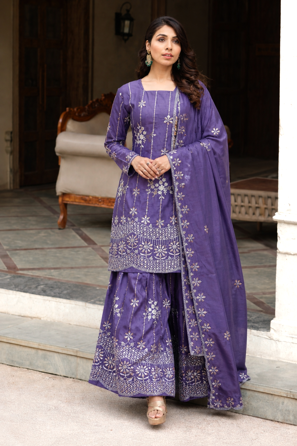 Purple kurti with flaired palazzo and dupatta set