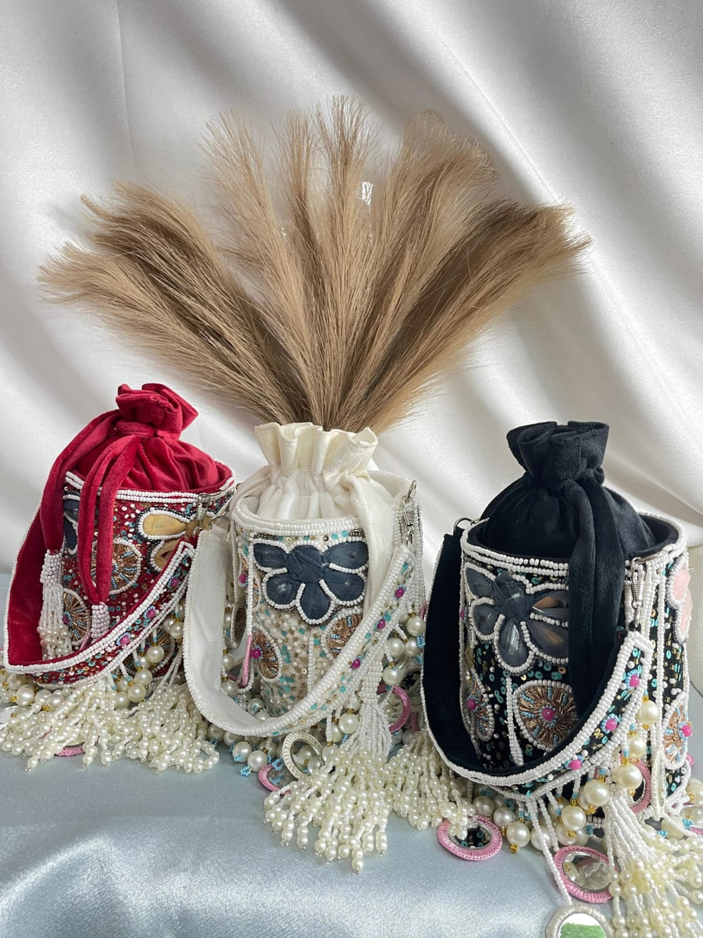 White floral pearl dangling latkan purse