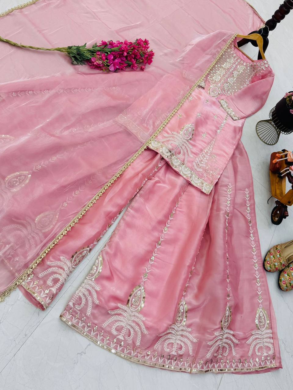 Pink kurti with flaired palazzo and dupatta set