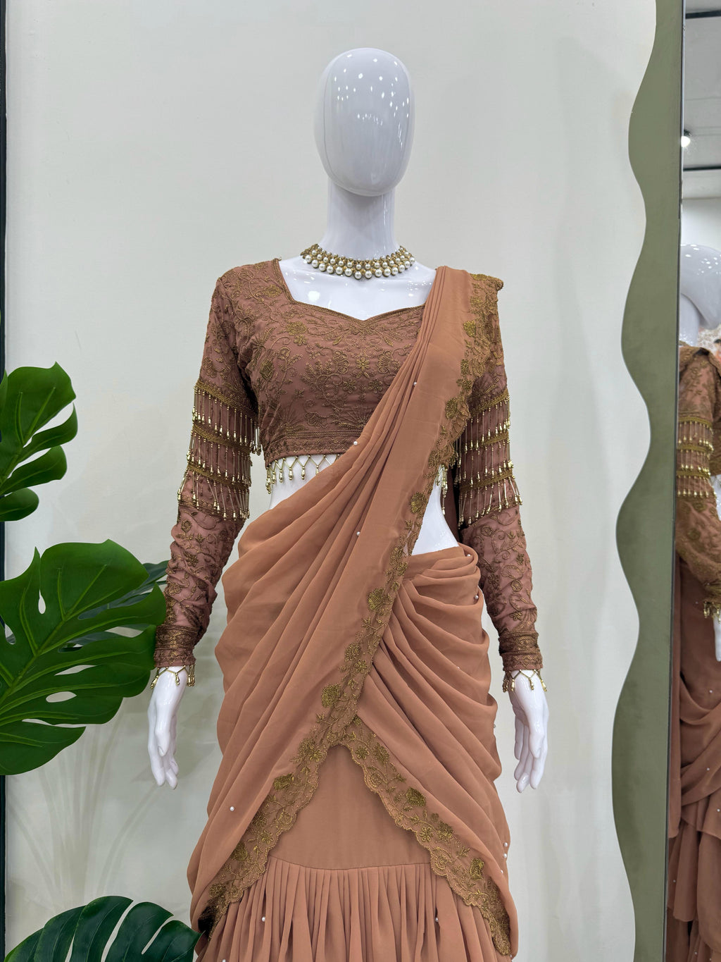 Brown lehenga saree with blouse