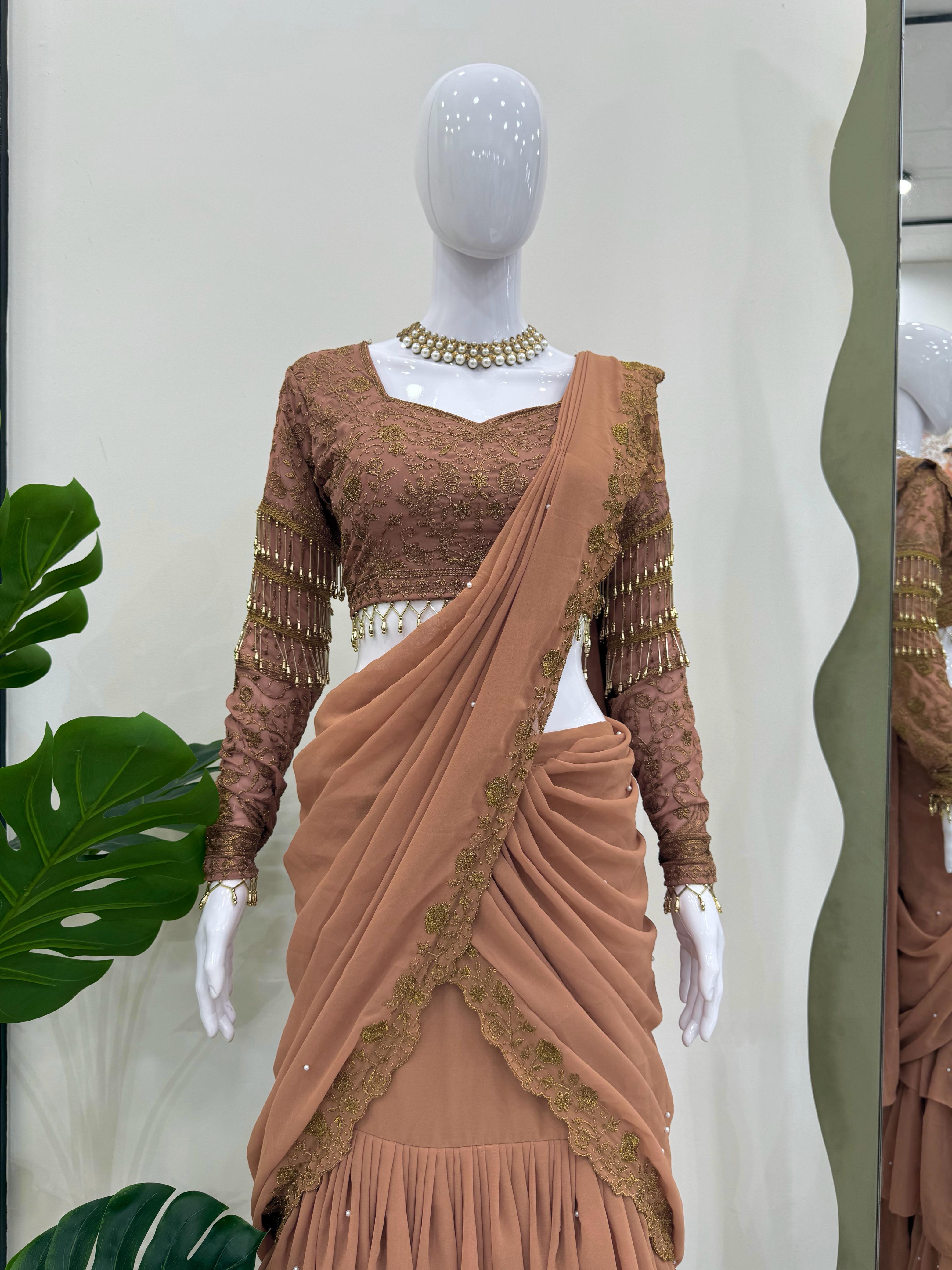 Brown lehenga saree with blouse