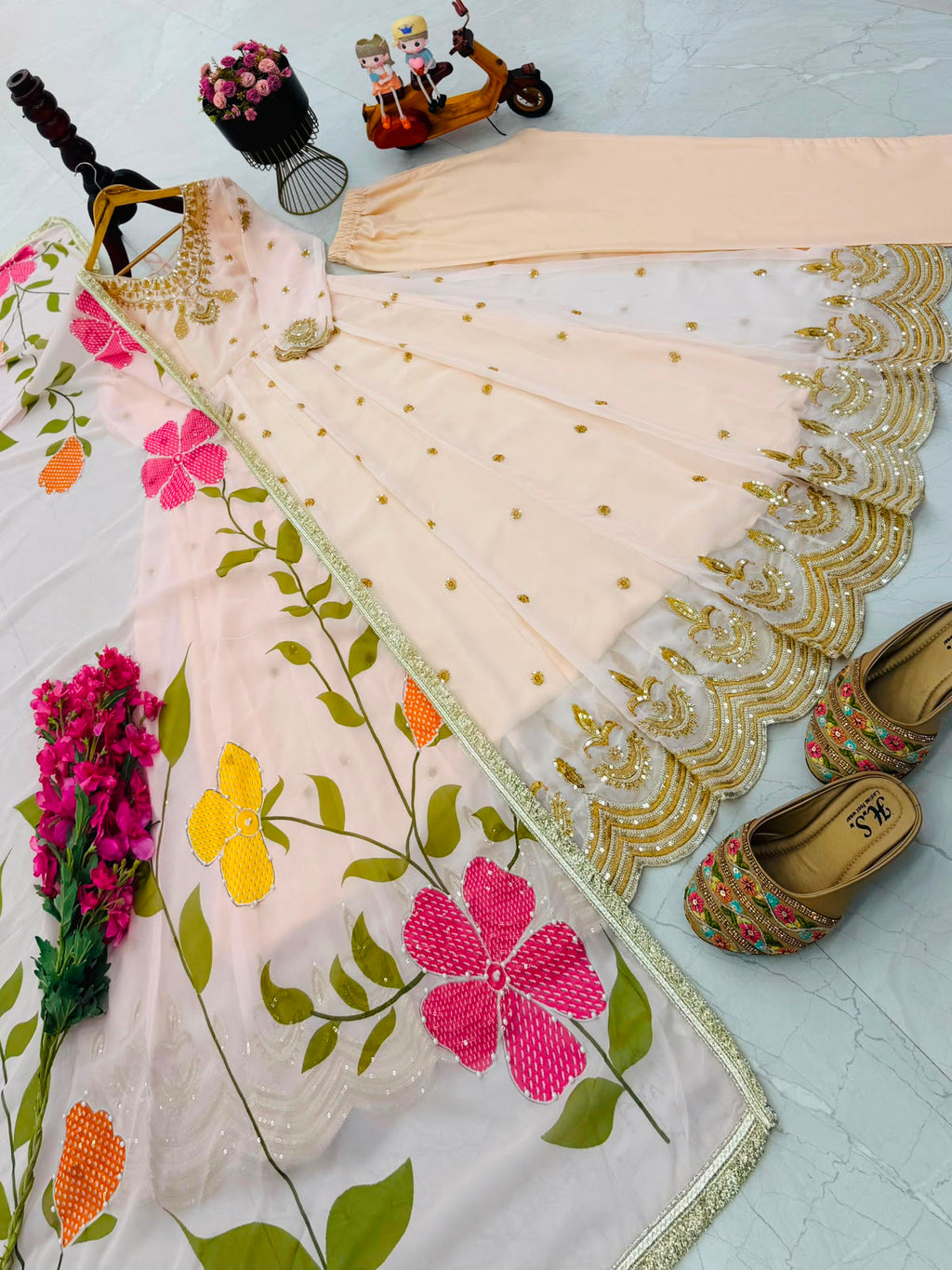 Peachy Pink flaired anarkali suit with pent and dupatta set