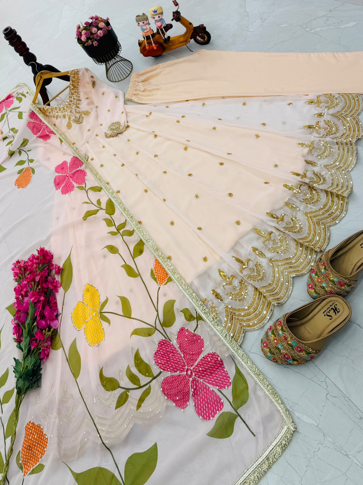 Peachy Pink flaired anarkali suit with pent and dupatta set