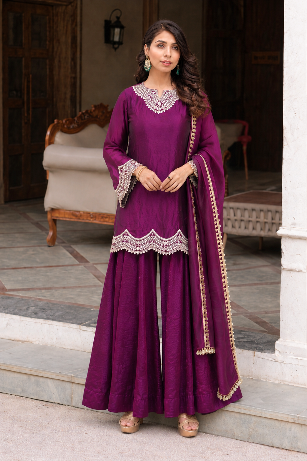 Purple silk palazzo with kurti and dupatta 3pc set