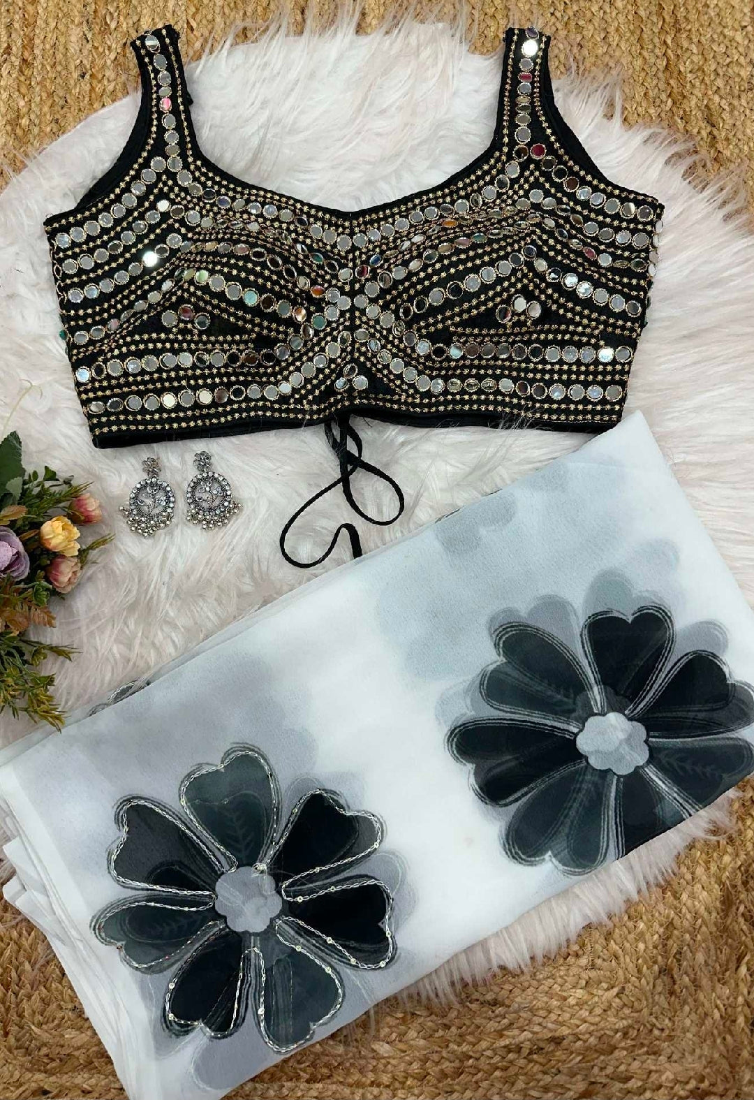 White floral printed saree with blouse
