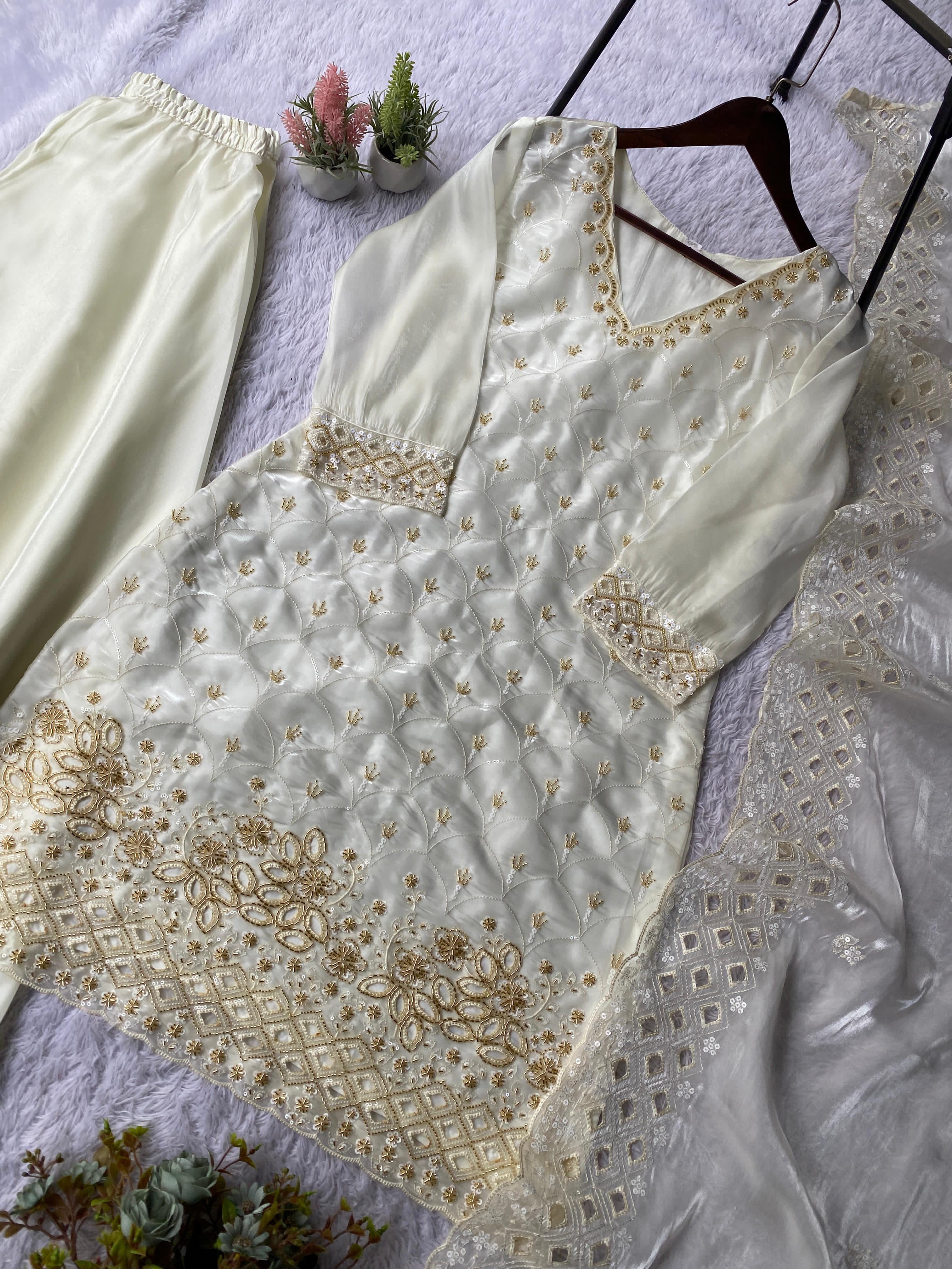 White pakistani kurti with palazzo and dupatta set