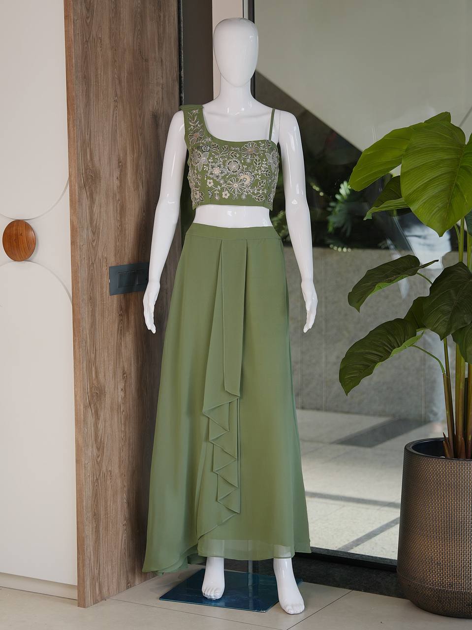 Green indo western pleated dhoti with top