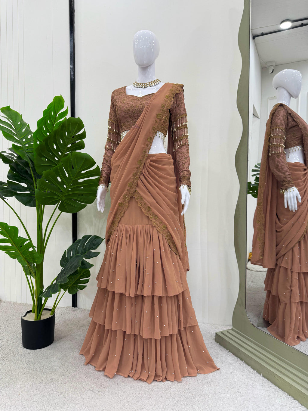 Brown lehenga saree with blouse