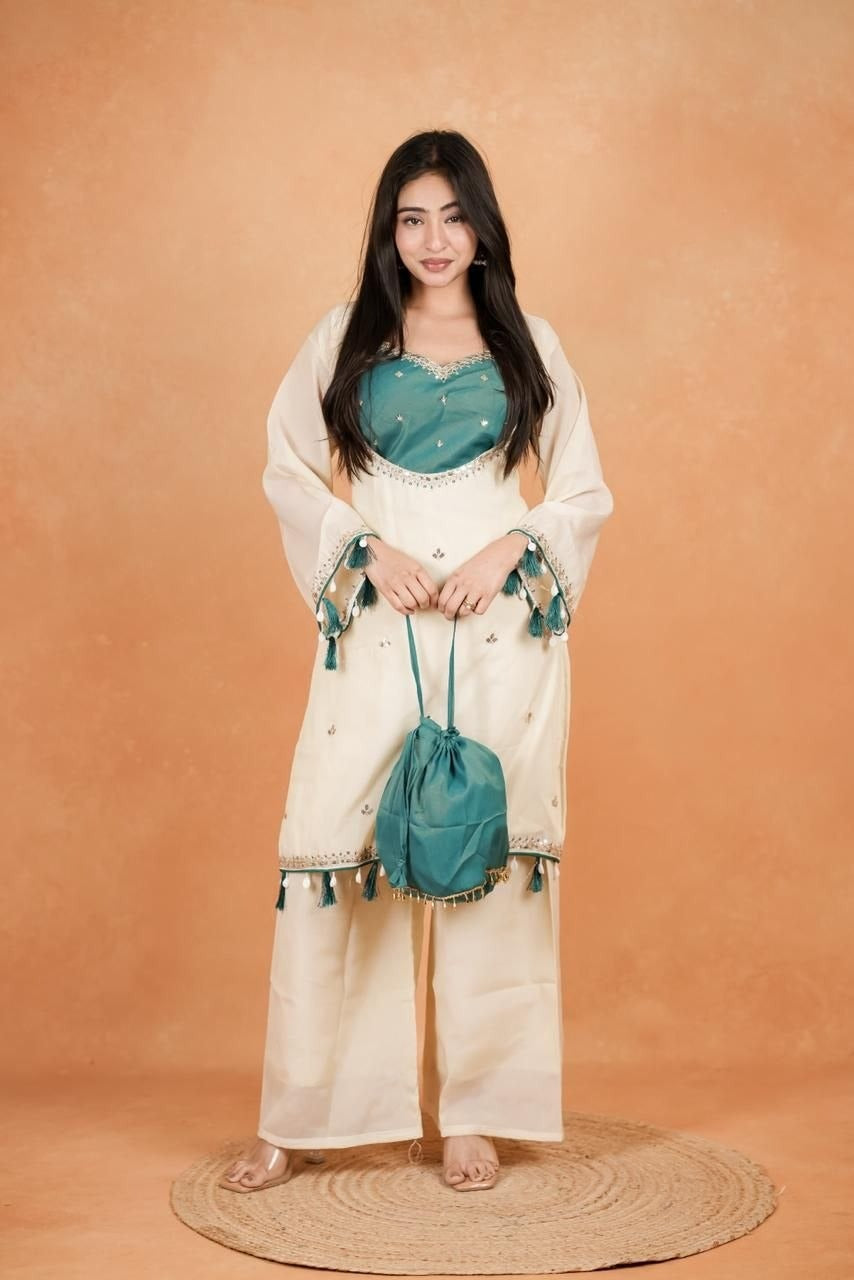 Off white bustier top kurta set with bottom