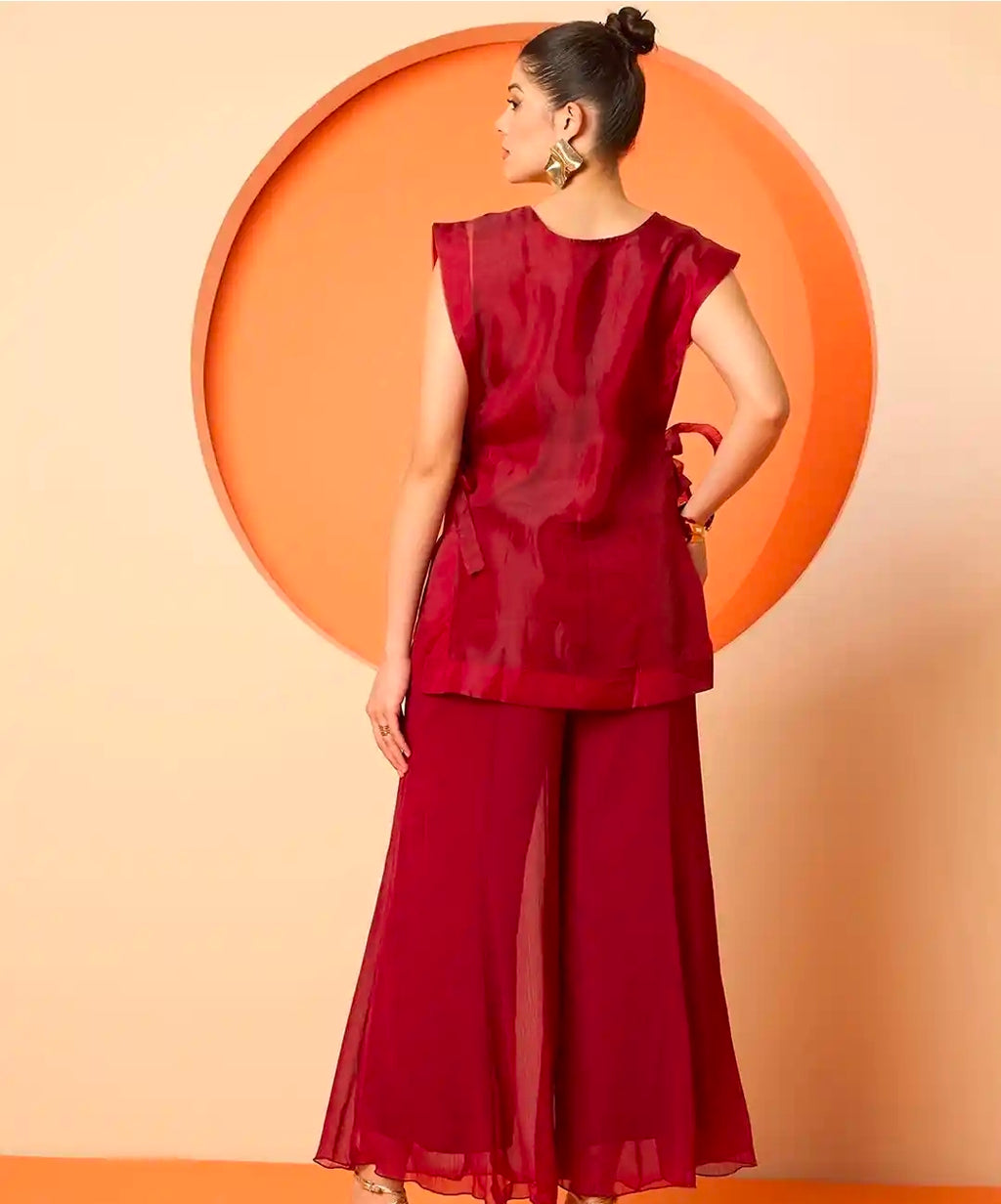 Red kurti with top and palazzo
