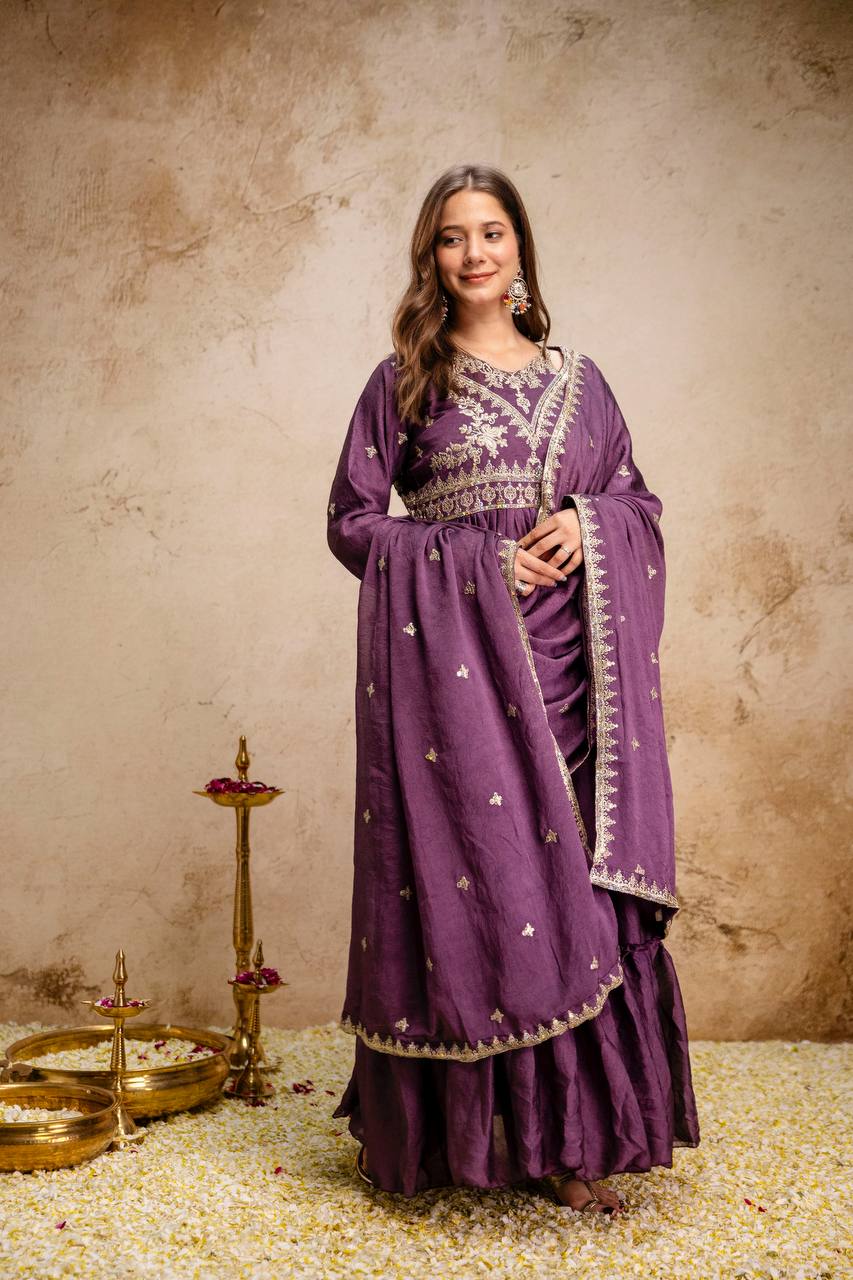 Purple silk anarkali suit with dupatta