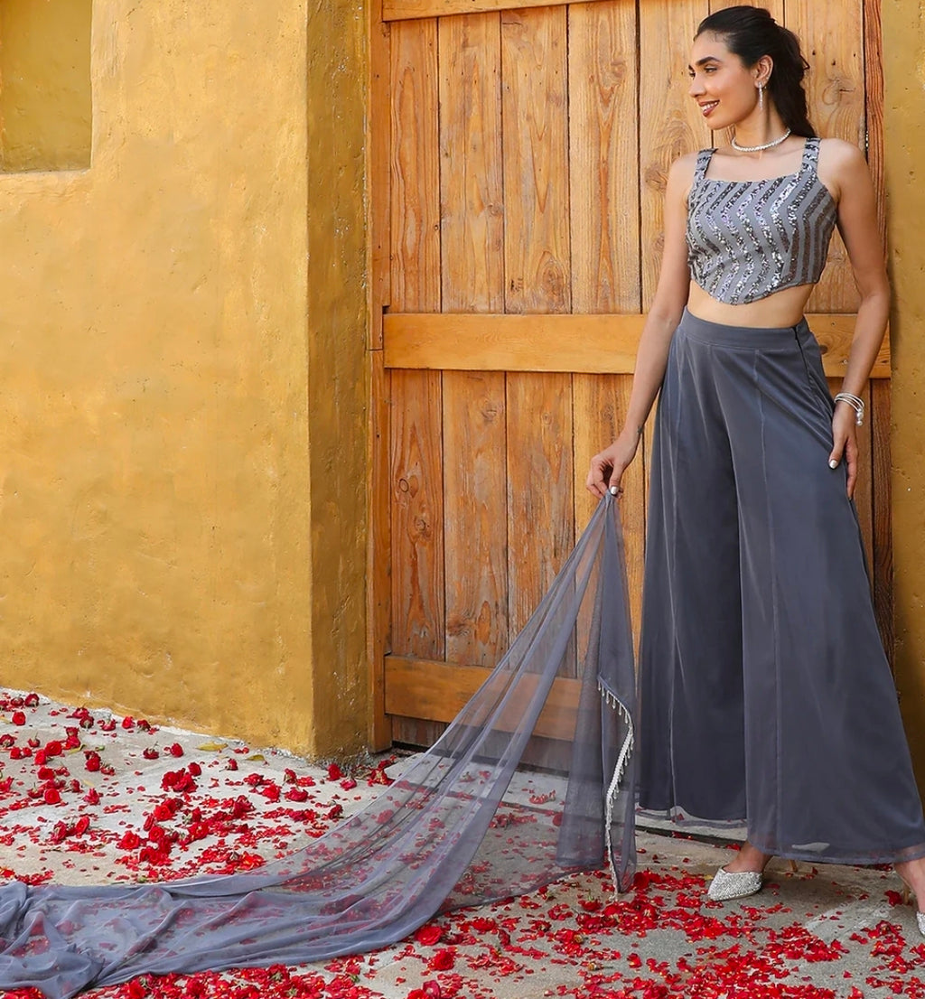 Grey corset top with palazzo and dupatta set