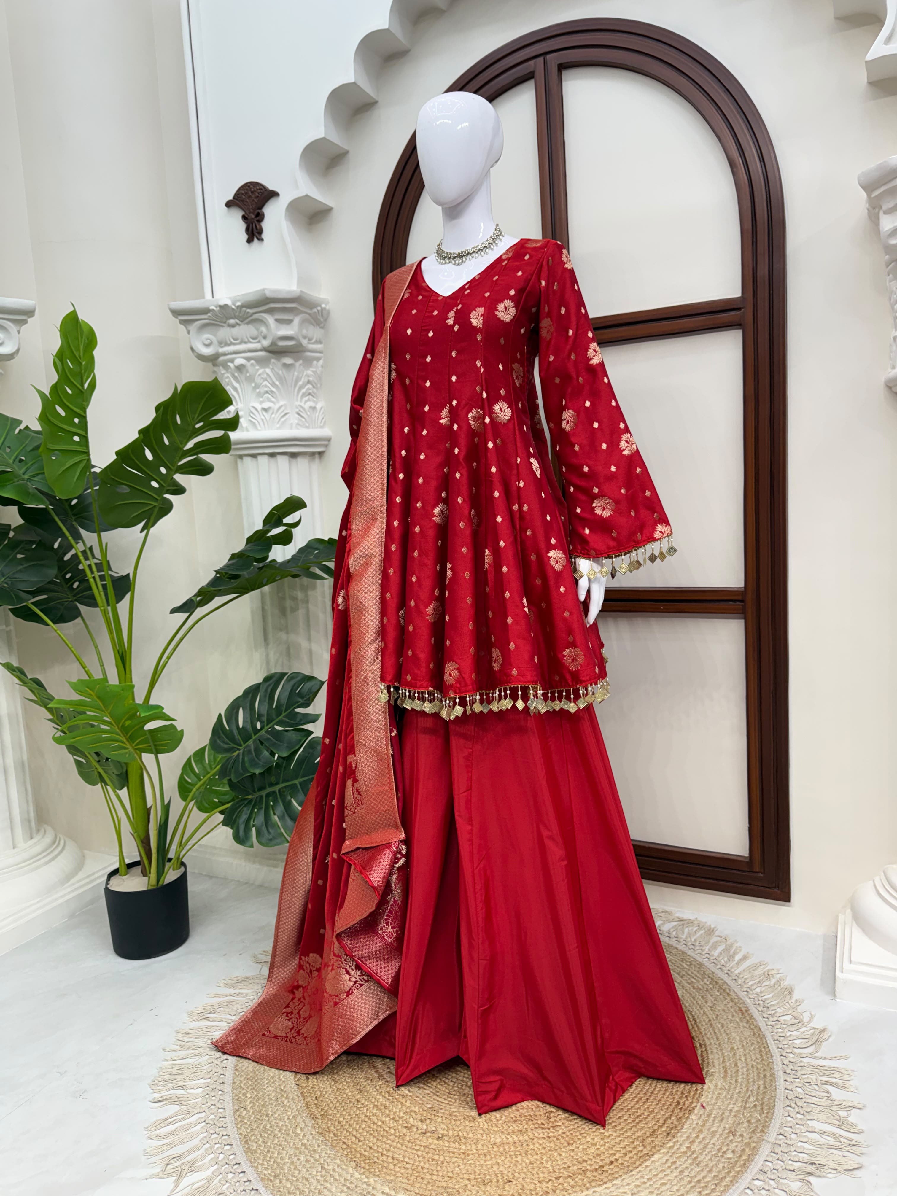 Red floral silk a line kurta palazzo set