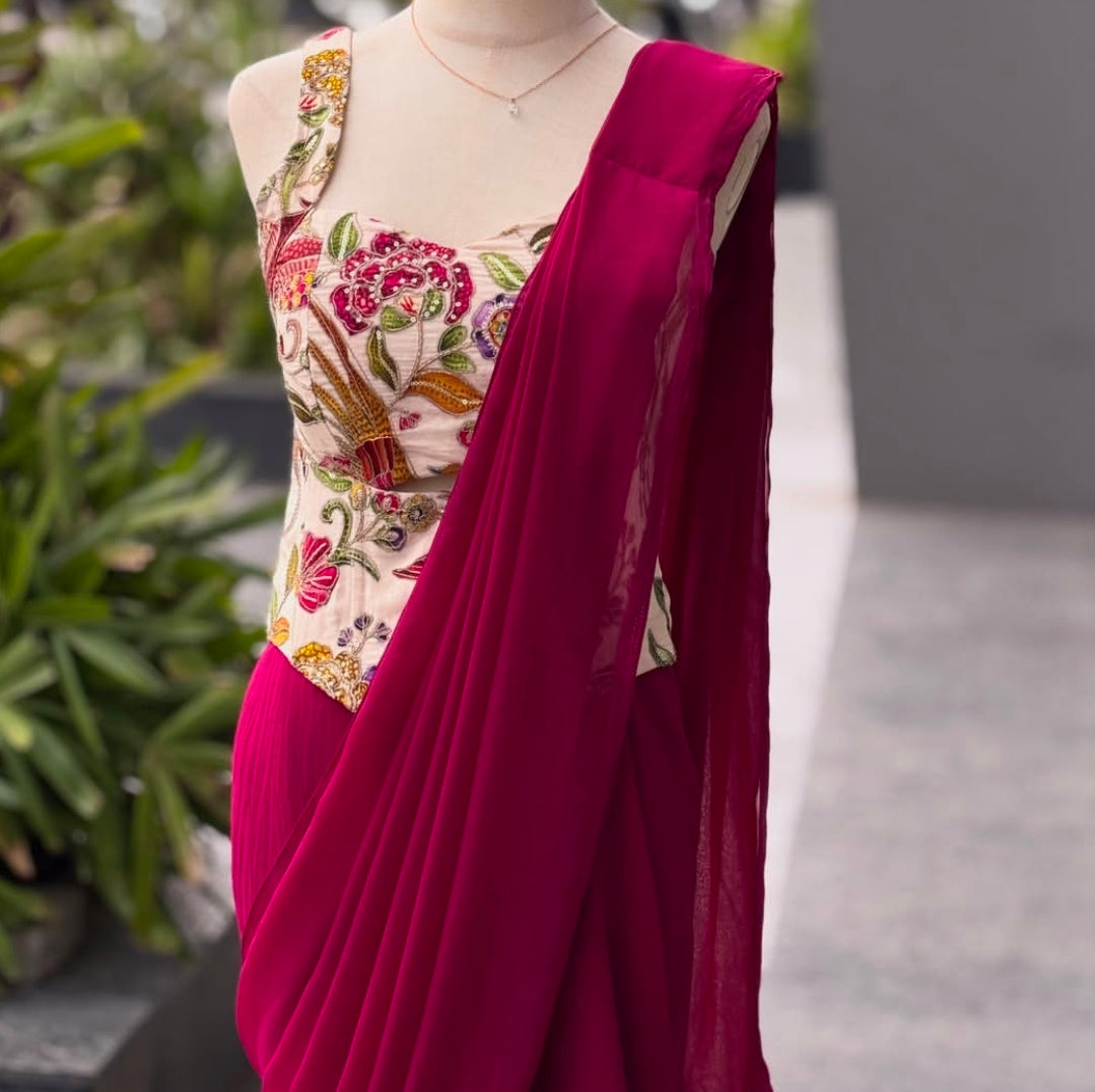 Pink ready to wear corset saree with blouse