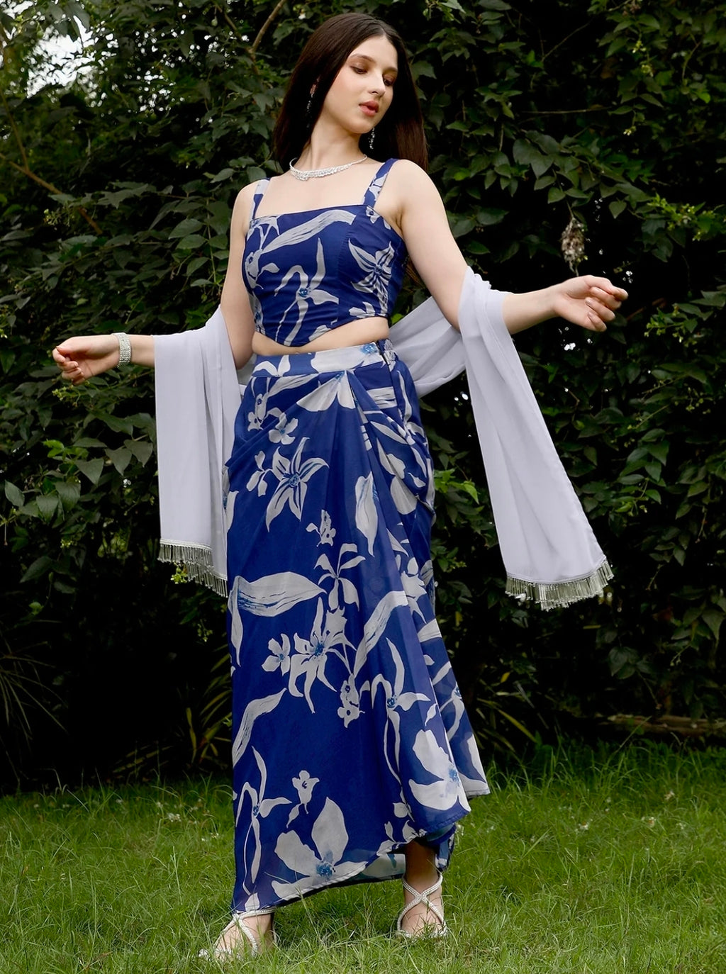Blue corset with dhoti skirt and dupatta 3pc set