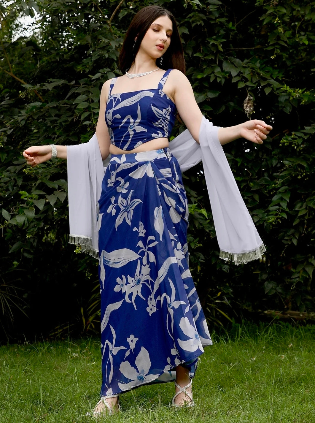 Blue corset with dhoti skirt and dupatta 3pc set