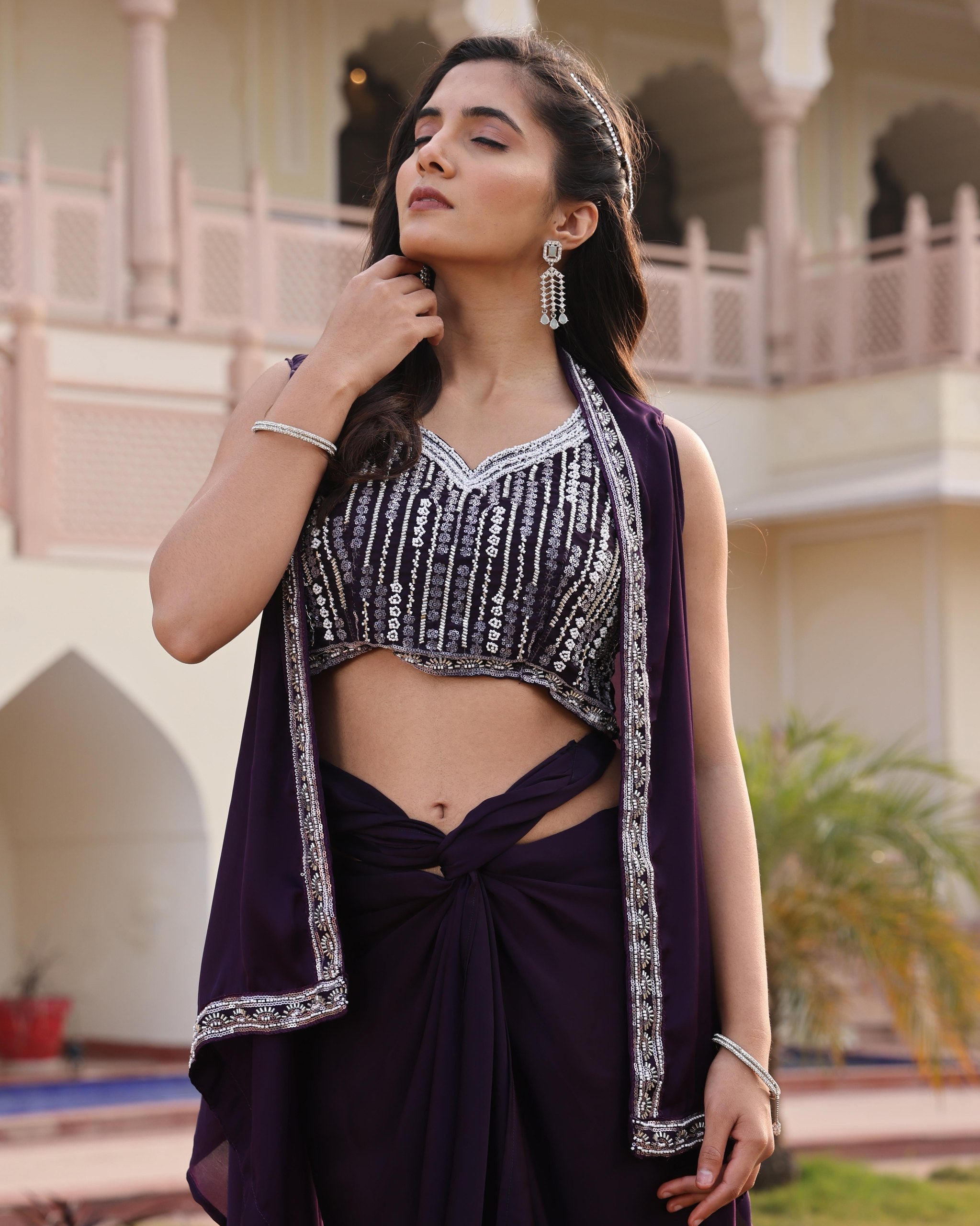 Purple top with dhoti and cape set