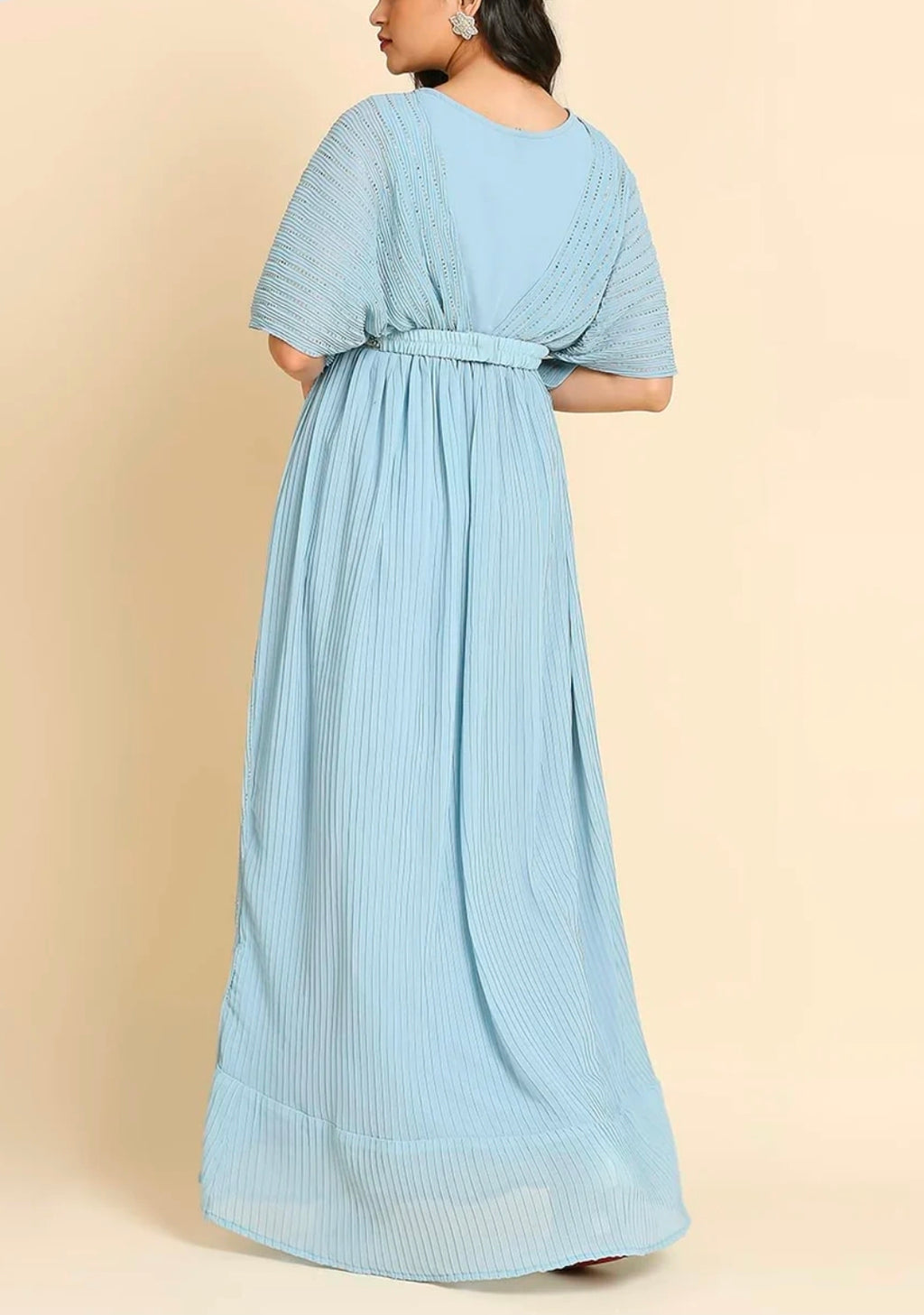 Ice blue off shoulder gown with belt
