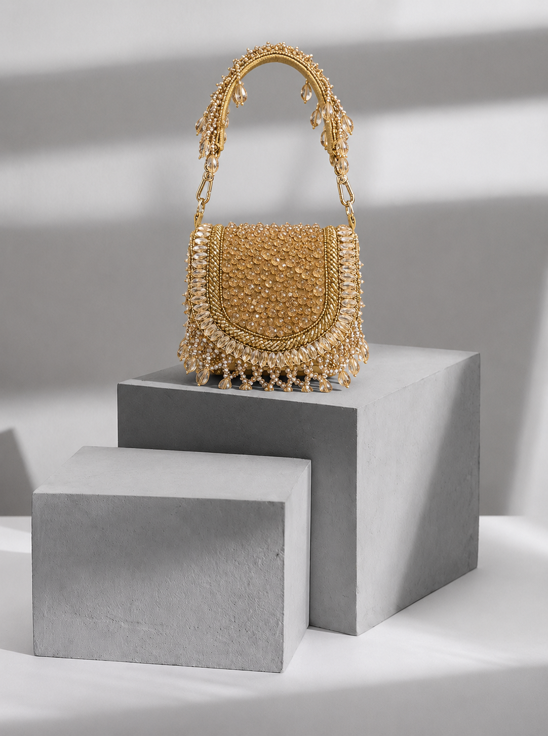 Golden dangling beaded purse