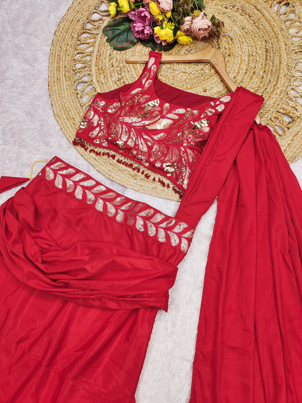 Red indo western top with skirt and attached drape