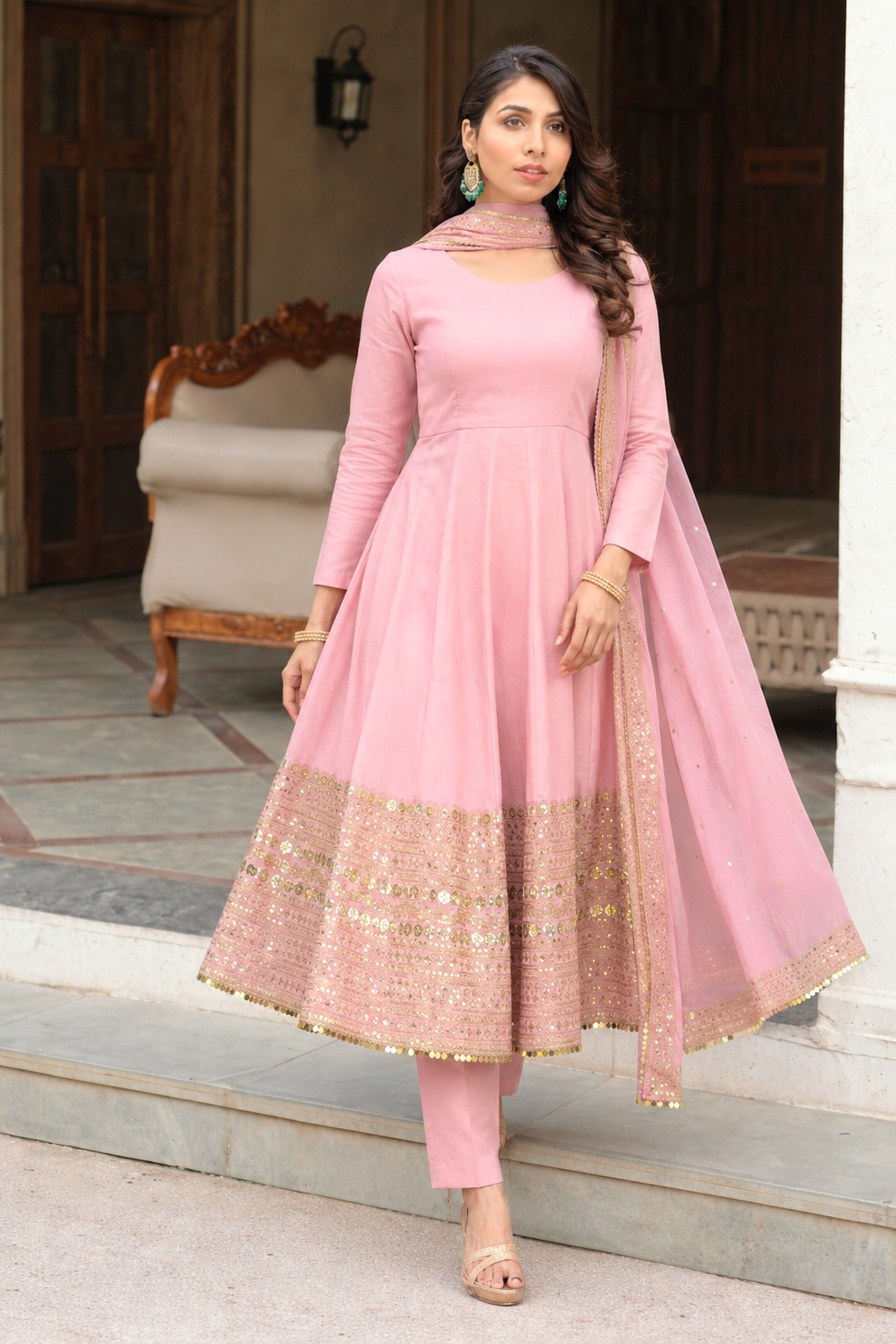 Pink anarkali suit with pent and dupatta set