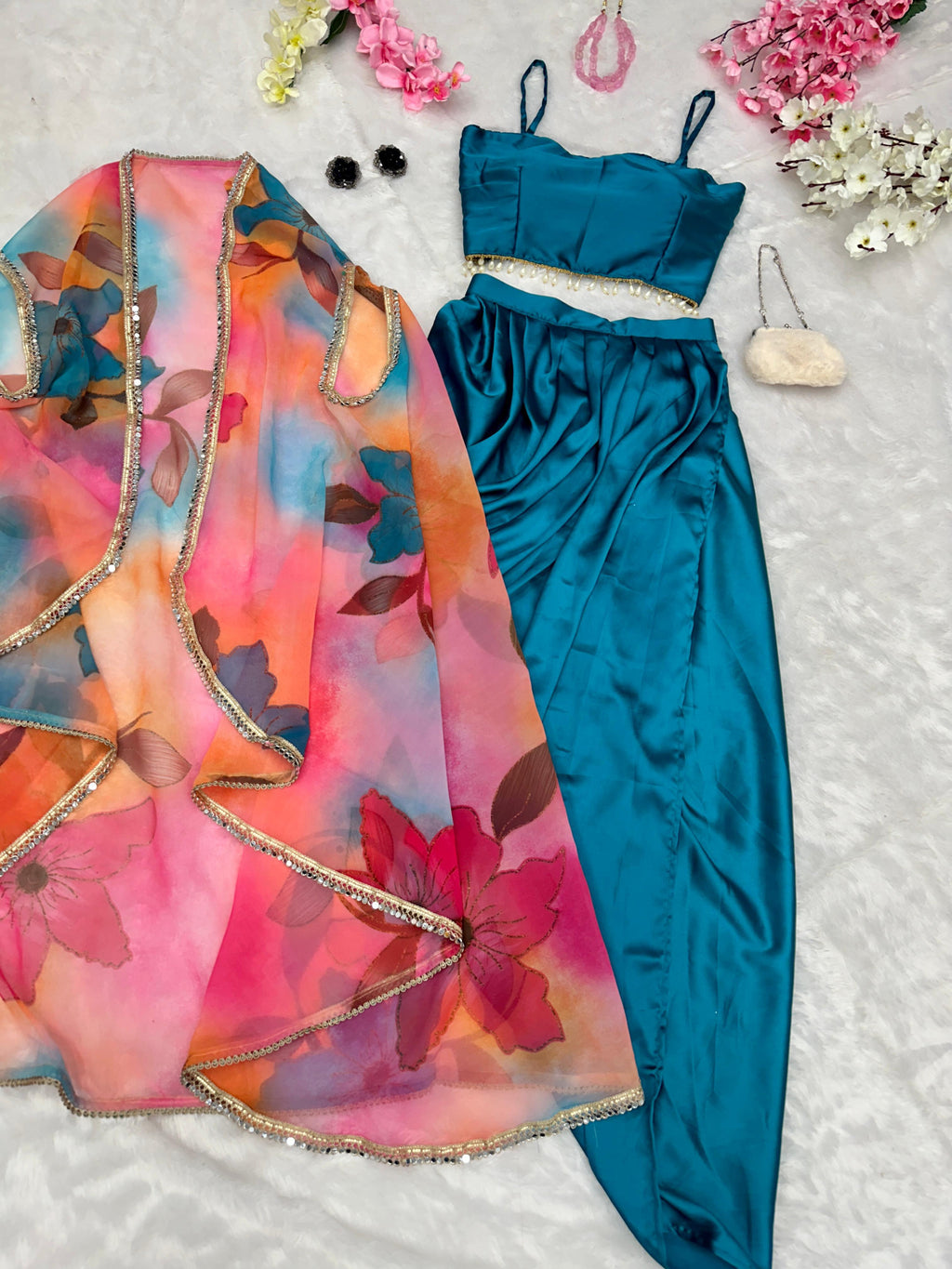 Blue shrug jacket with dhoti skirt and top set