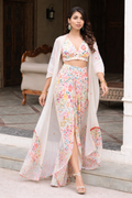 White floral printed dhoti skirt with top and shrug