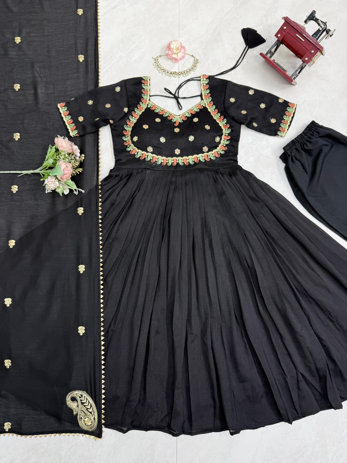 Black anarkali suit with pent and dupatta set