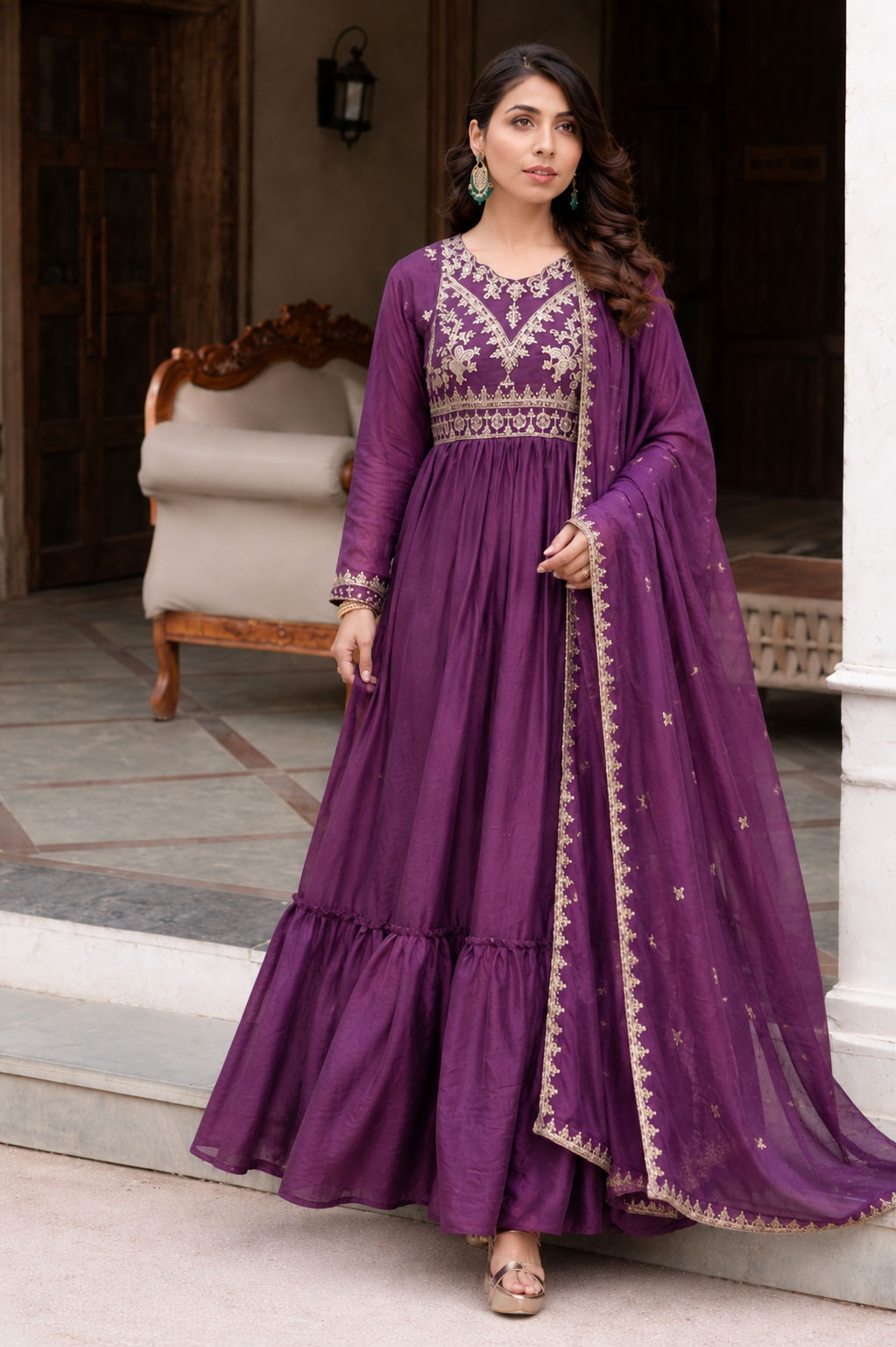 Purple silk anarkali suit with dupatta