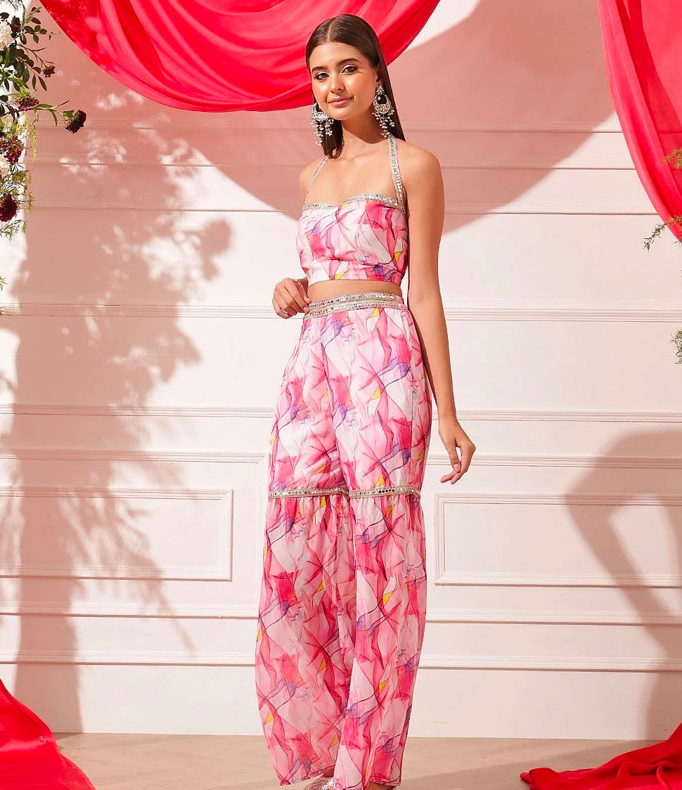 Pink halter neck bustier top with sharara set