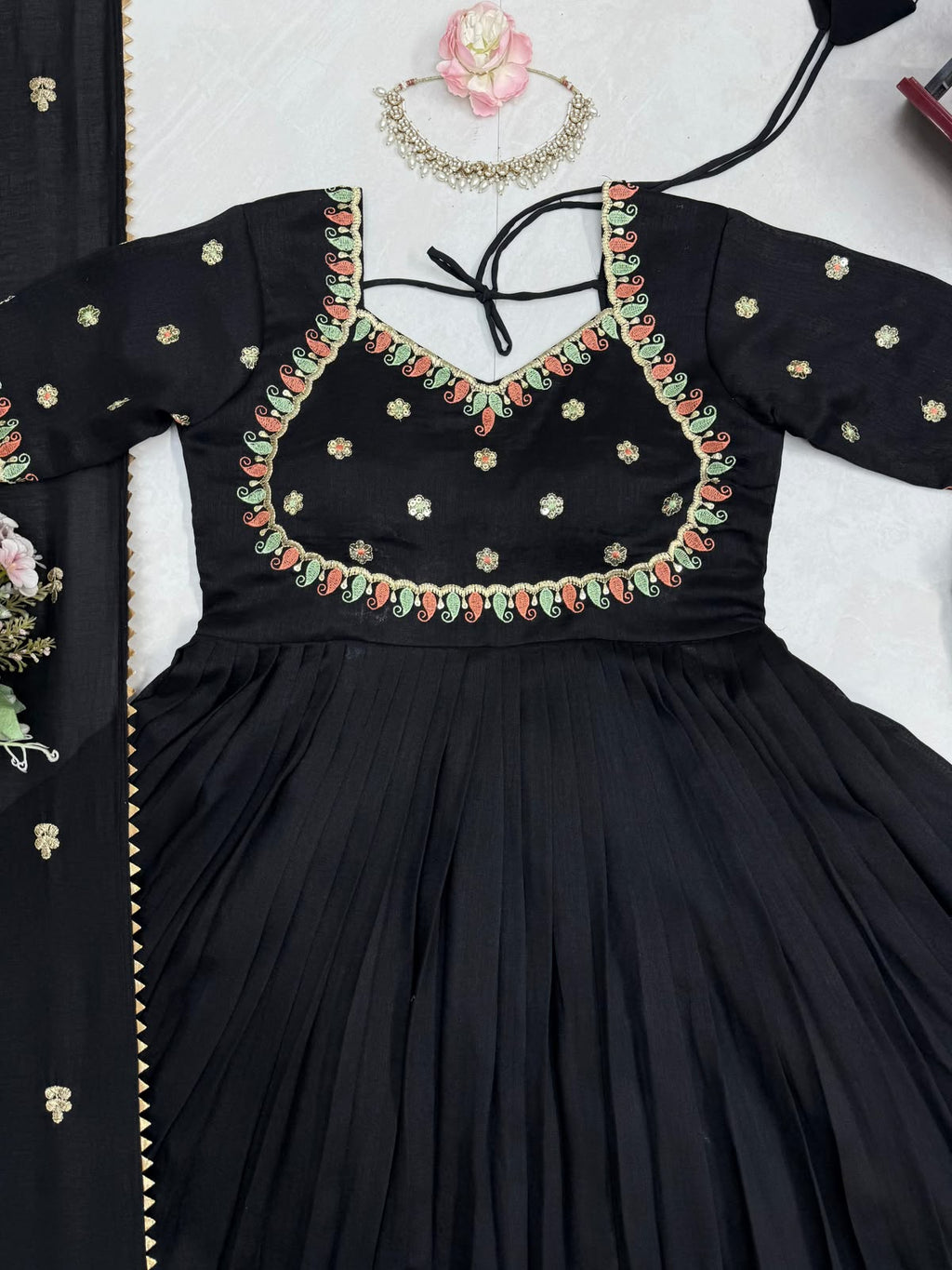 Black anarkali suit with pent and dupatta set