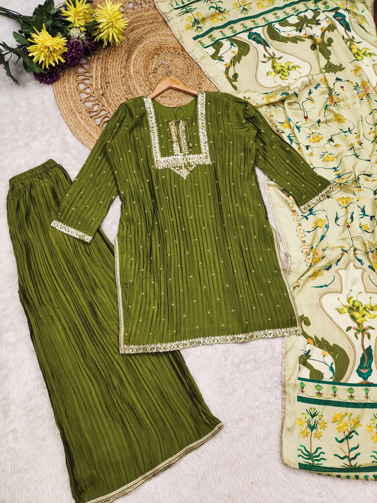 Green kurti with palazzo and printed dupatta set