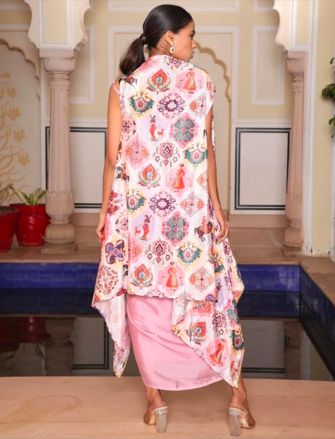 Pink dhoti with top and shrug cape set