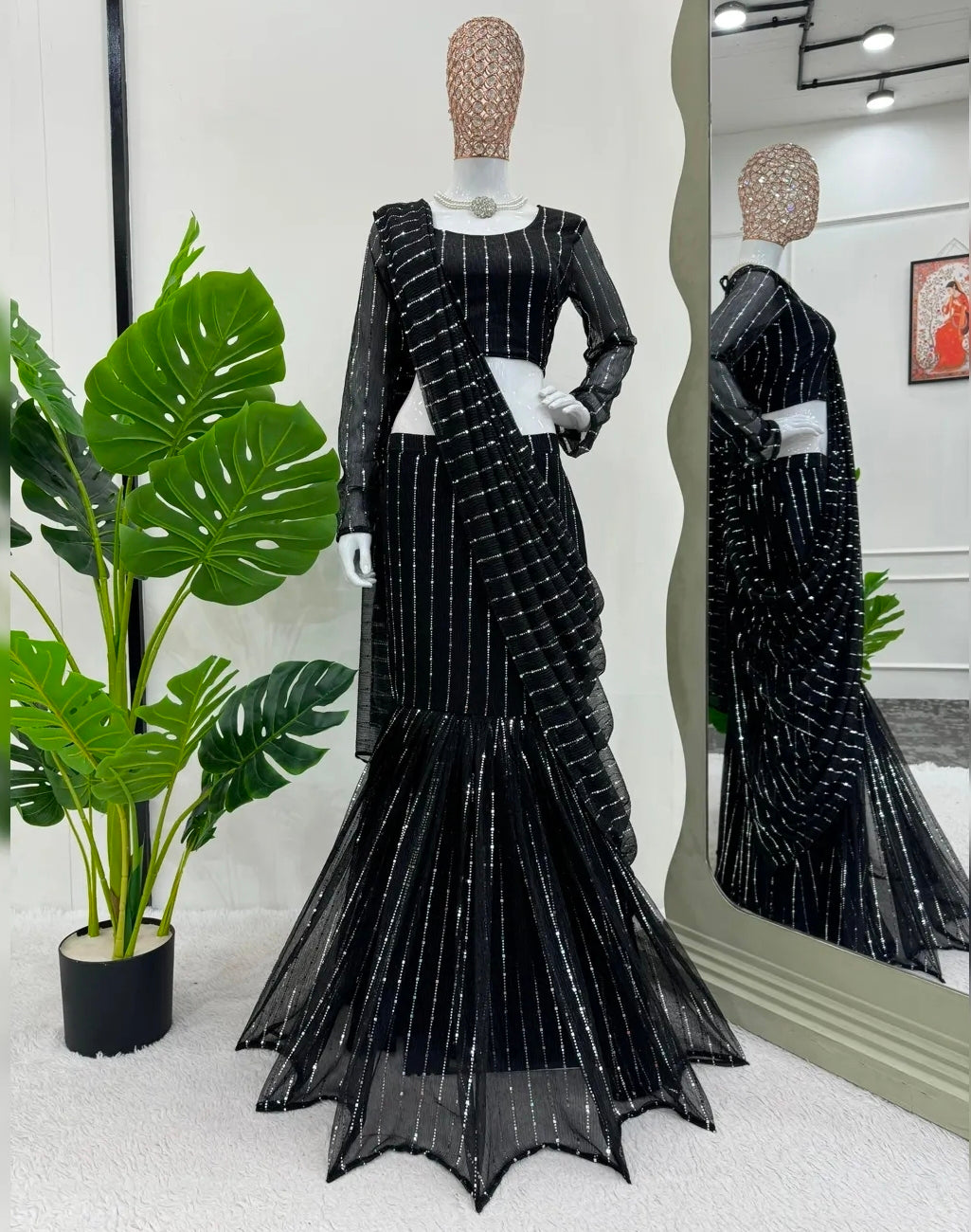 Black fish cut saree with blouse set