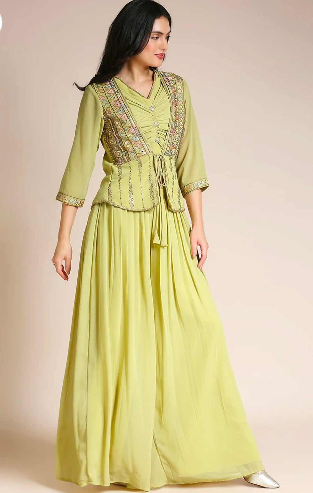 Green top with jacket and palazzo 3pc set