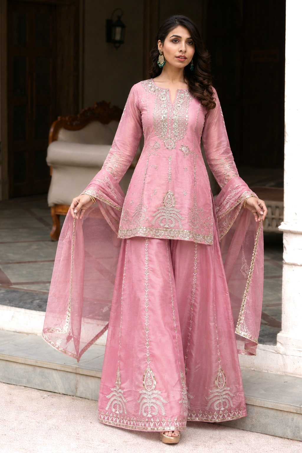 Pink kurti with flaired palazzo and dupatta set